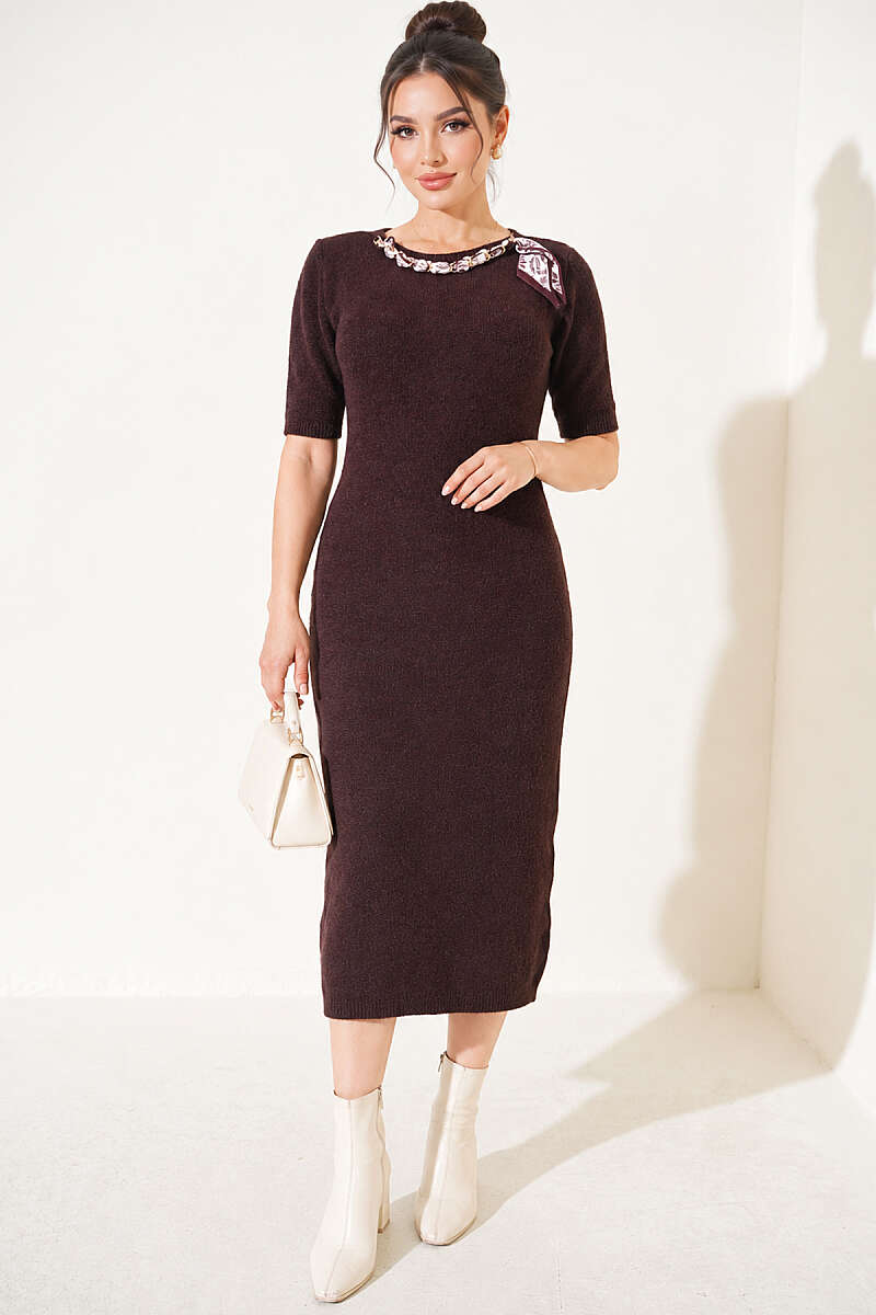 Knit Midi Dress with Chain Collar - Brown