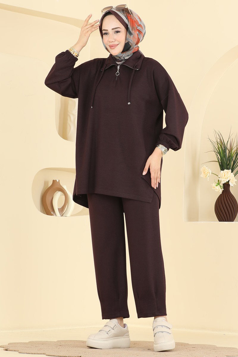 Modal Two-Piece Set with Tie Collar - Dark Brown