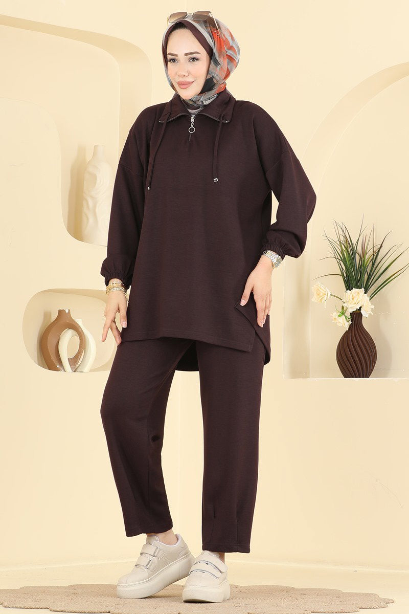 Modal Two-Piece Set with Tie Collar - Dark Brown