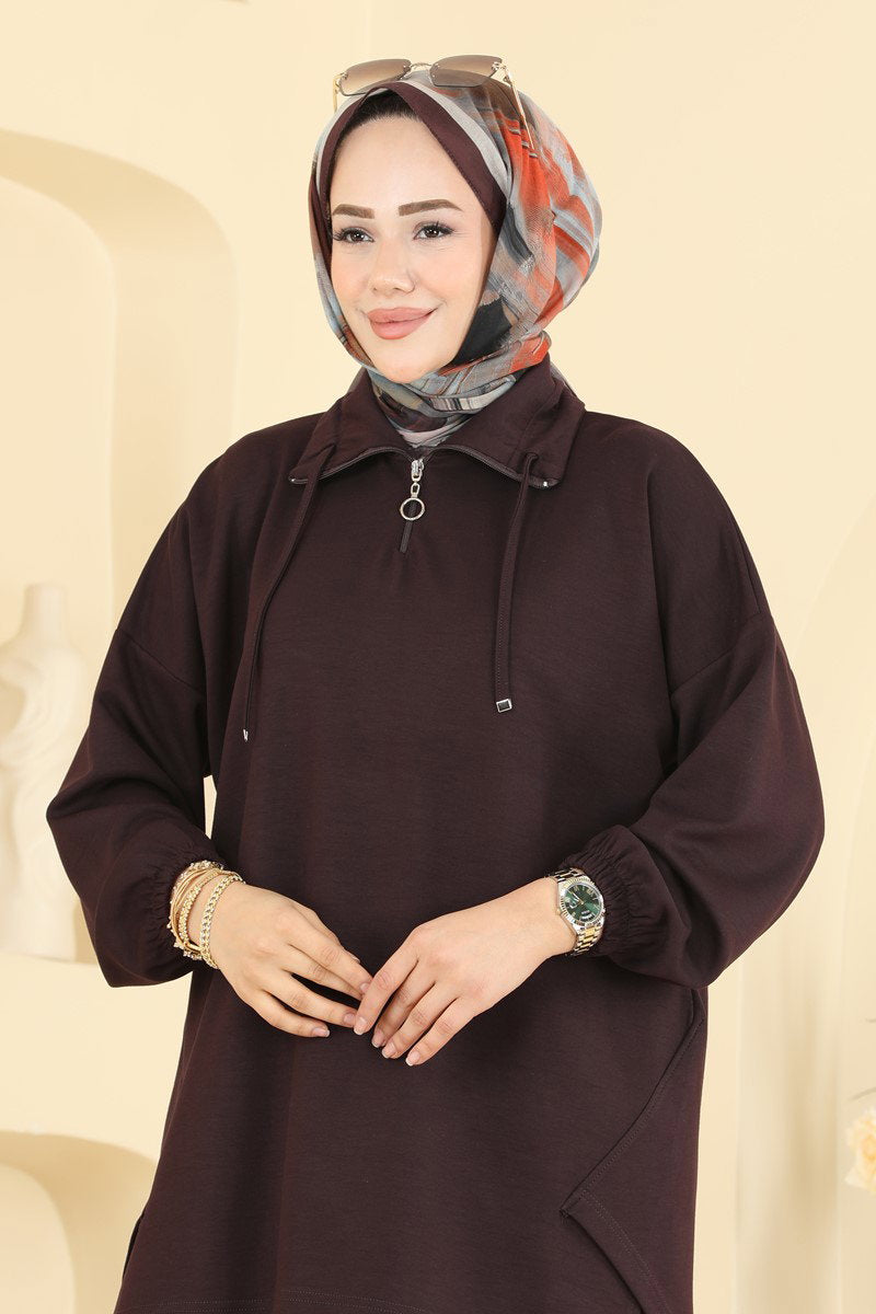 Modal Two-Piece Set with Tie Collar - Dark Brown