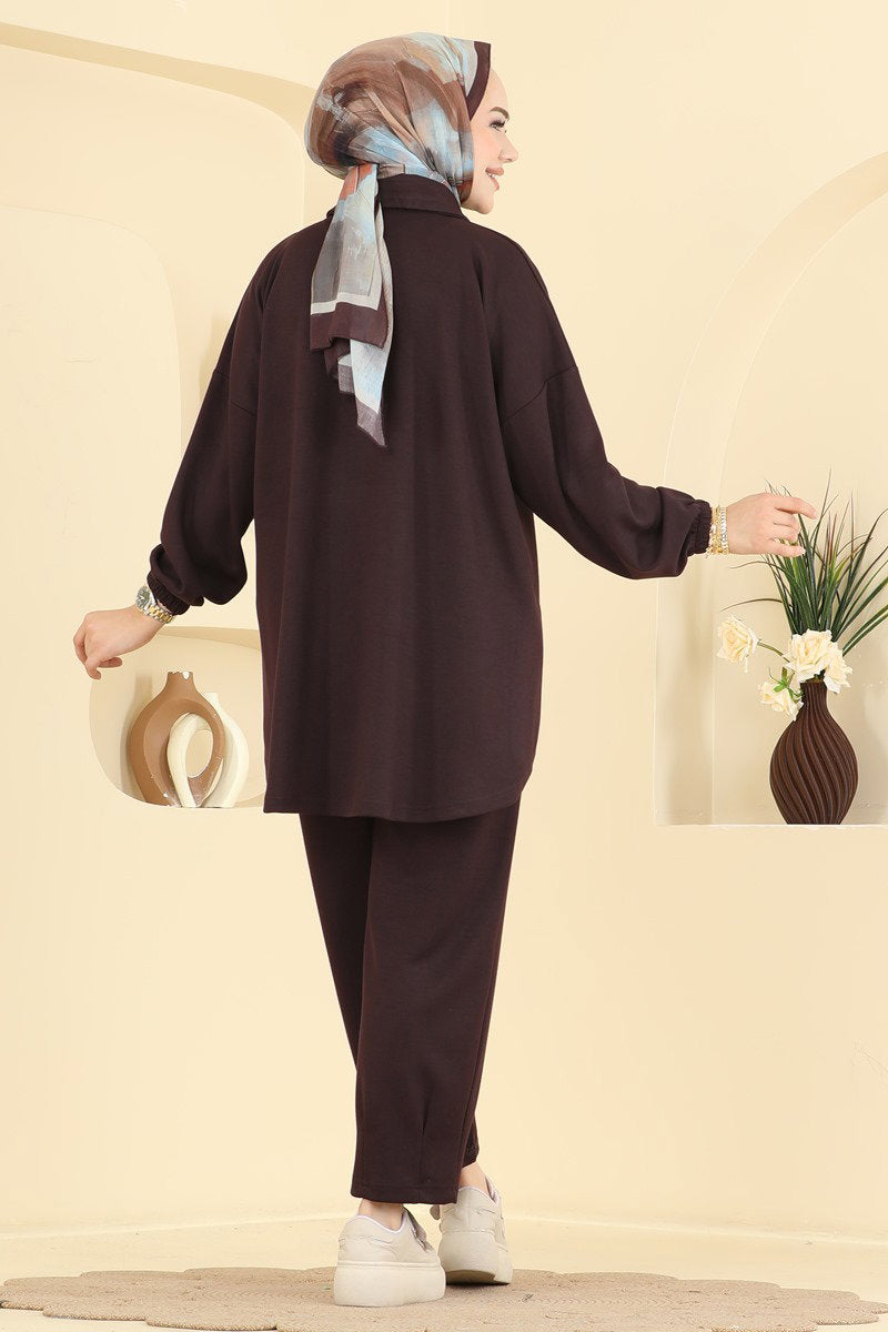 Modal Two-Piece Set with Tie Collar - Dark Brown