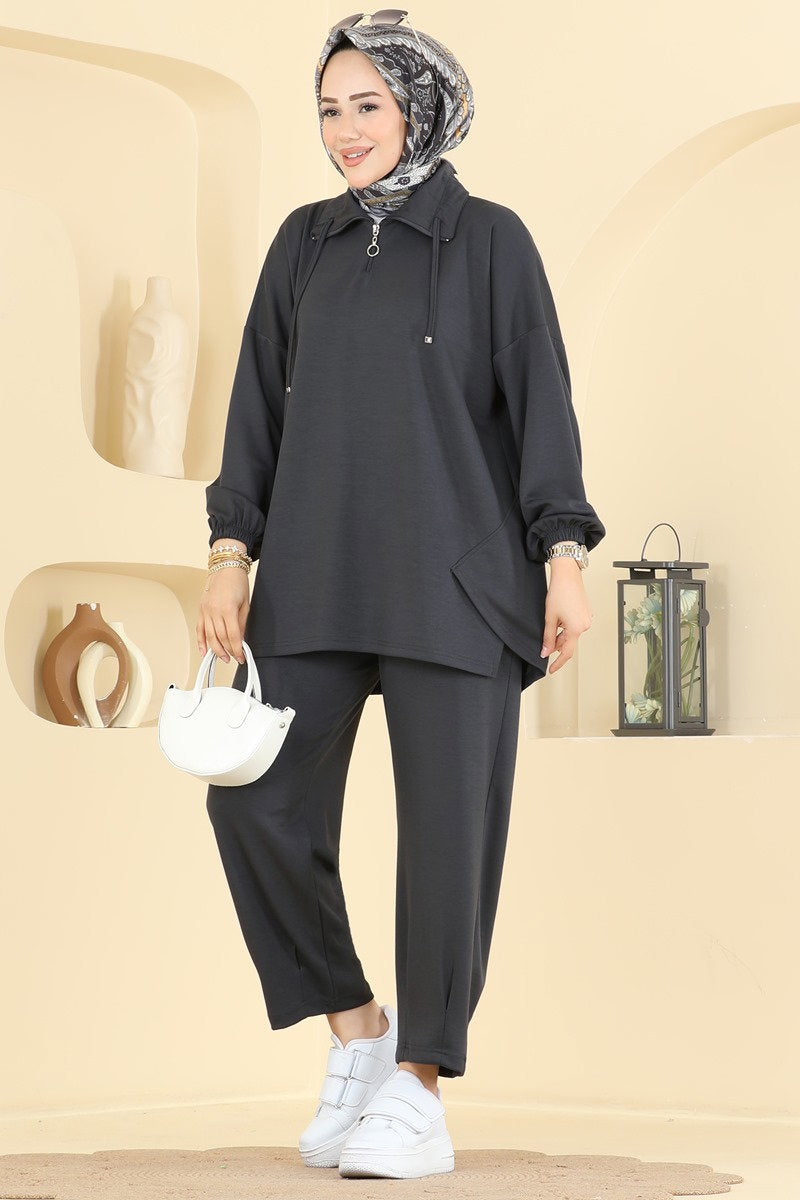 Modal Two-Piece Set with Tie Collar - Charcoal