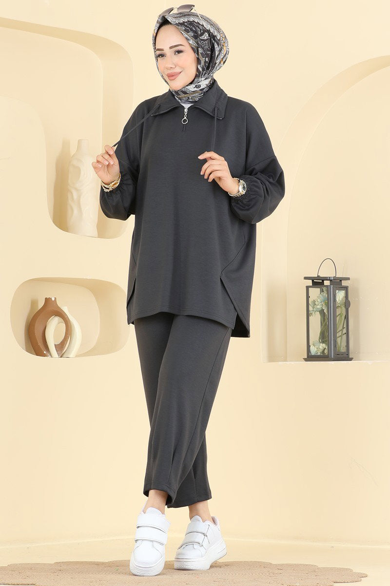 Modal Two-Piece Set with Tie Collar - Charcoal