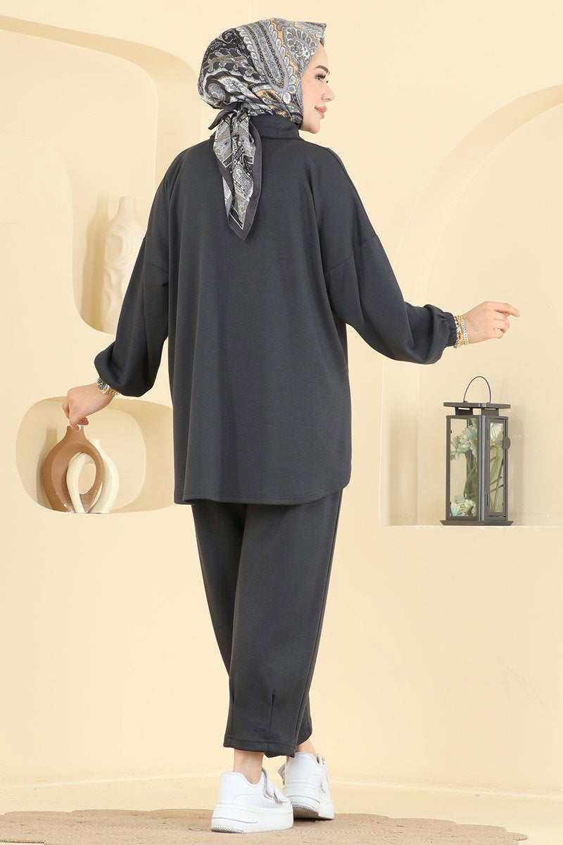 Modal Two-Piece Set with Tie Collar - Charcoal