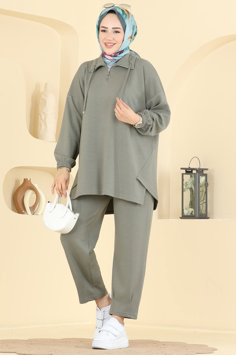 Modal Two-Piece Set with Tie Collar - Khaki