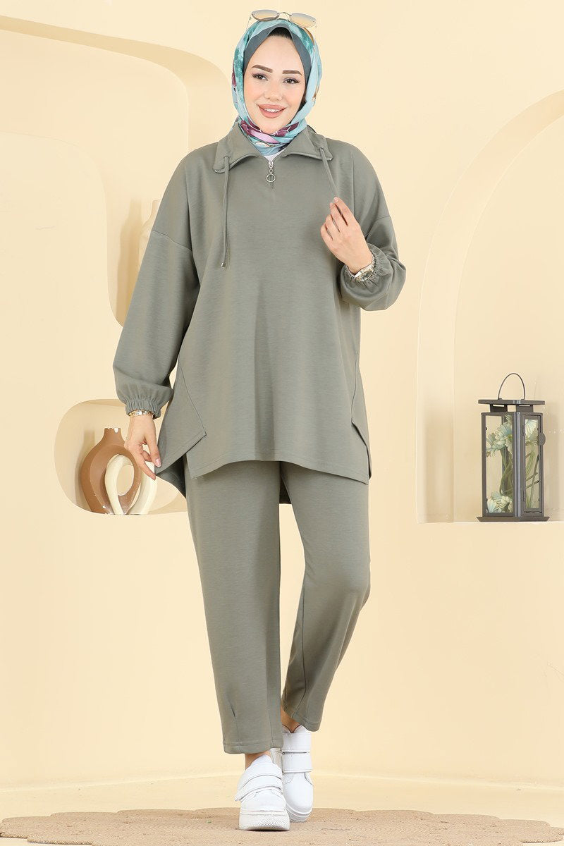 Modal Two-Piece Set with Tie Collar - Khaki