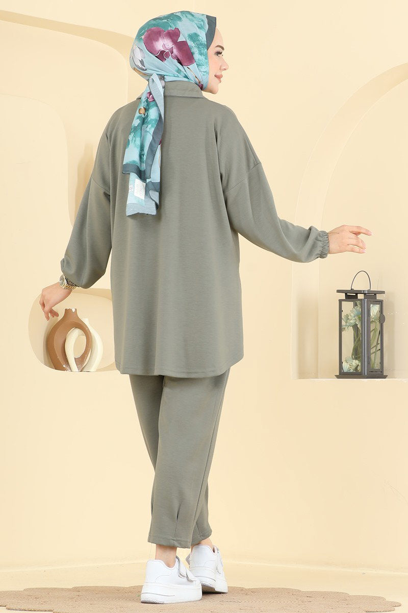 Modal Two-Piece Set with Tie Collar - Khaki