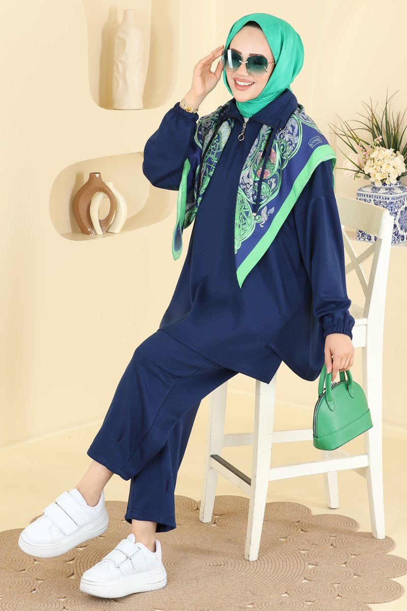 Modal Two-Piece Set with Tie Collar - Navy