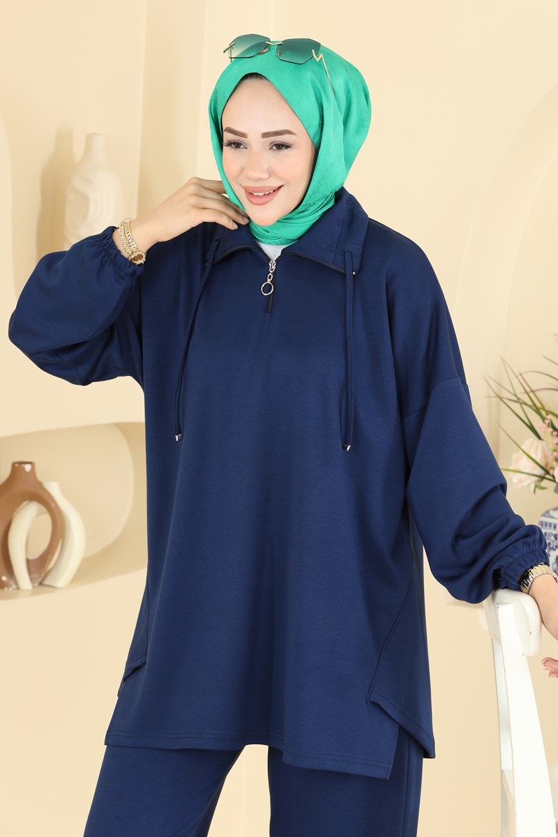 Modal Two-Piece Set with Tie Collar - Navy