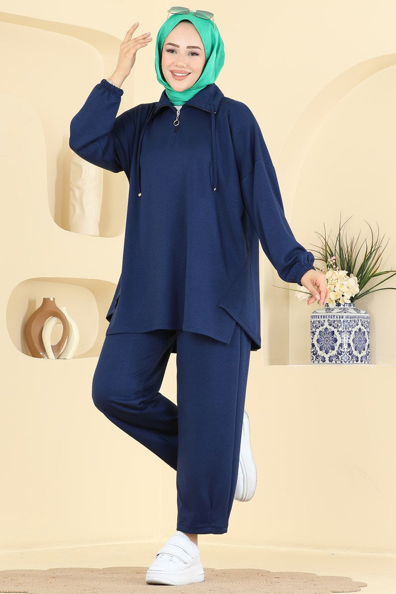 Modal Two-Piece Set with Tie Collar - Navy