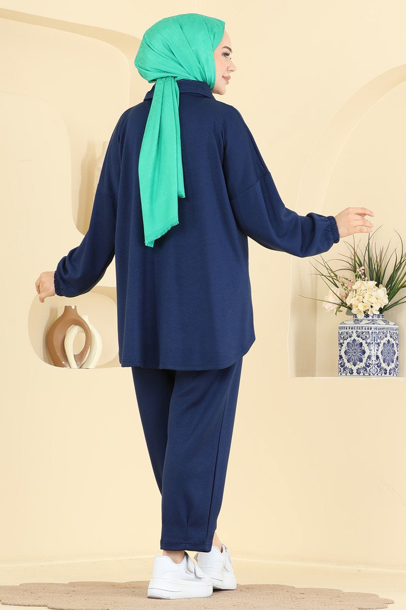 Modal Two-Piece Set with Tie Collar - Navy