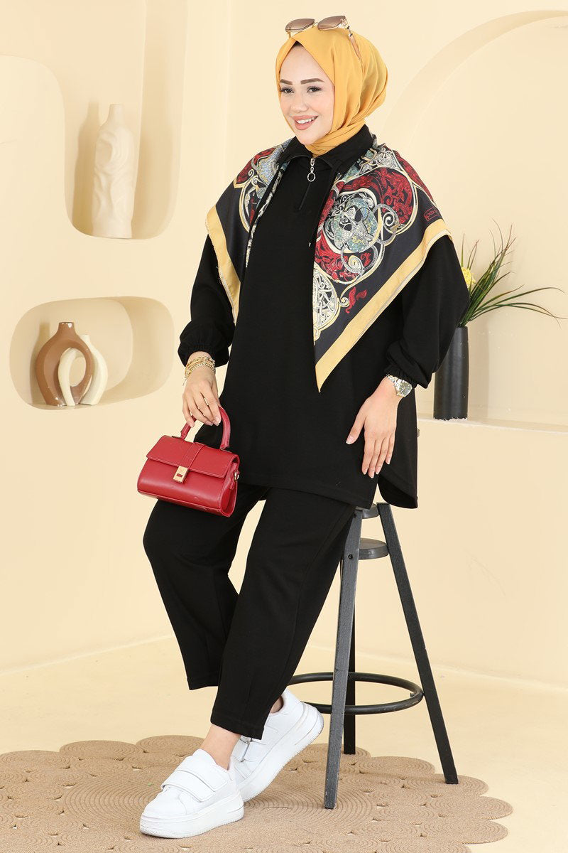 Modal Two-Piece Set with Tie Collar - Black