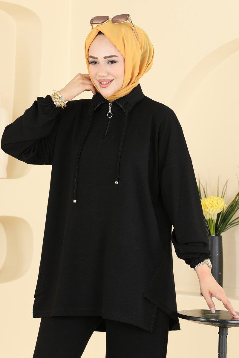Modal Two-Piece Set with Tie Collar - Black