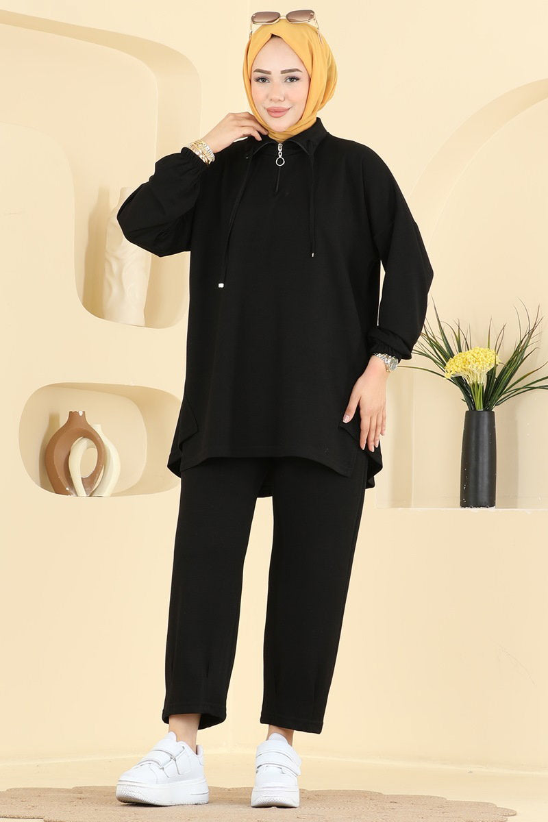 Modal Two-Piece Set with Tie Collar - Black