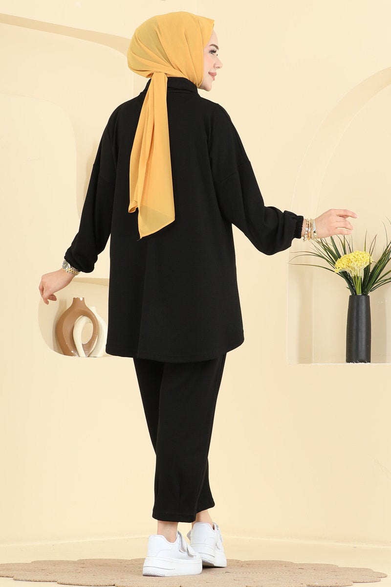 Modal Two-Piece Set with Tie Collar - Black