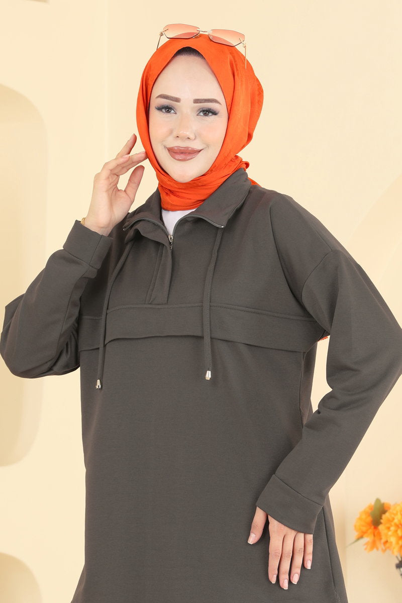 Two-Piece Set with Tie Collar - Light Charcoal