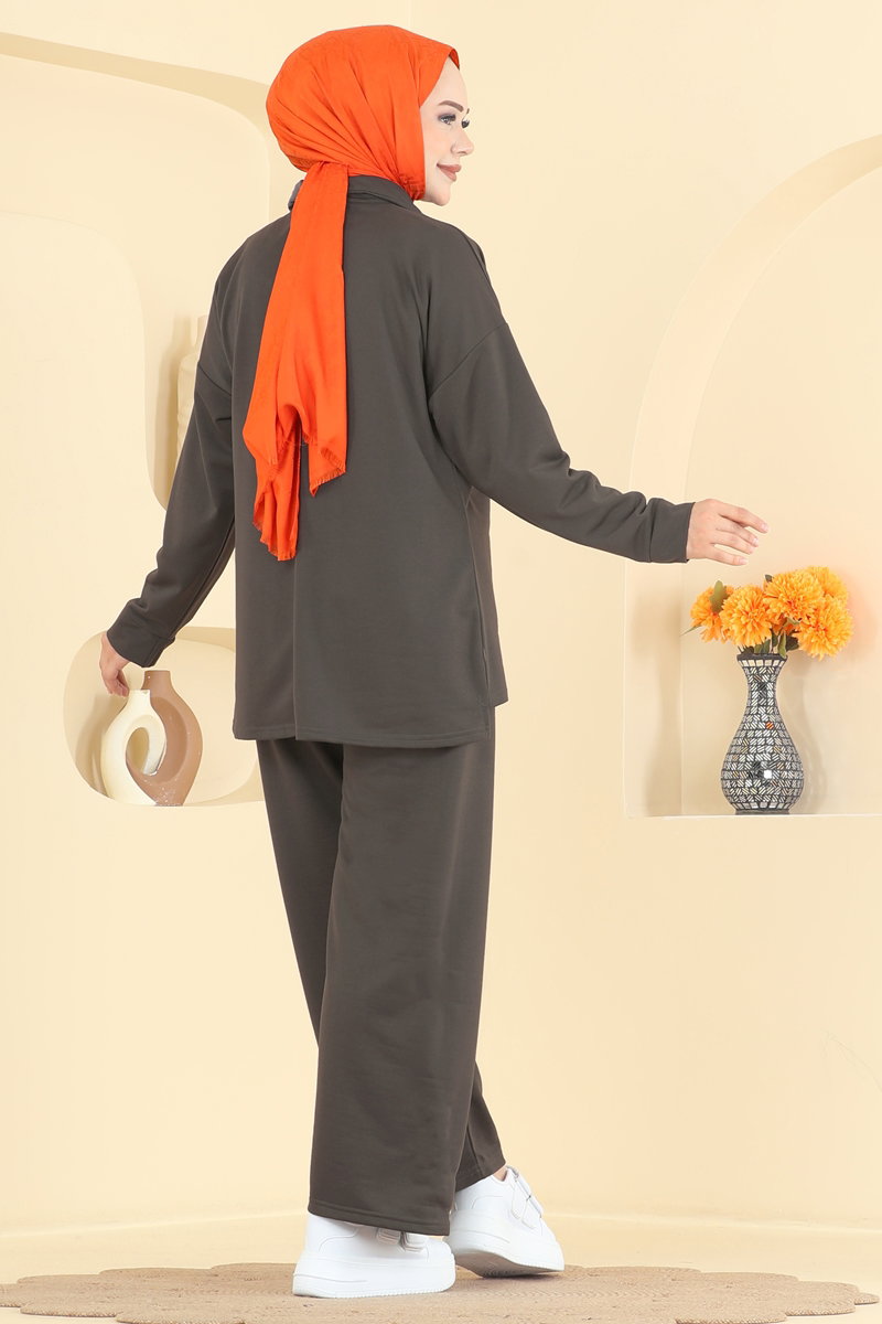 Two-Piece Set with Tie Collar - Light Charcoal