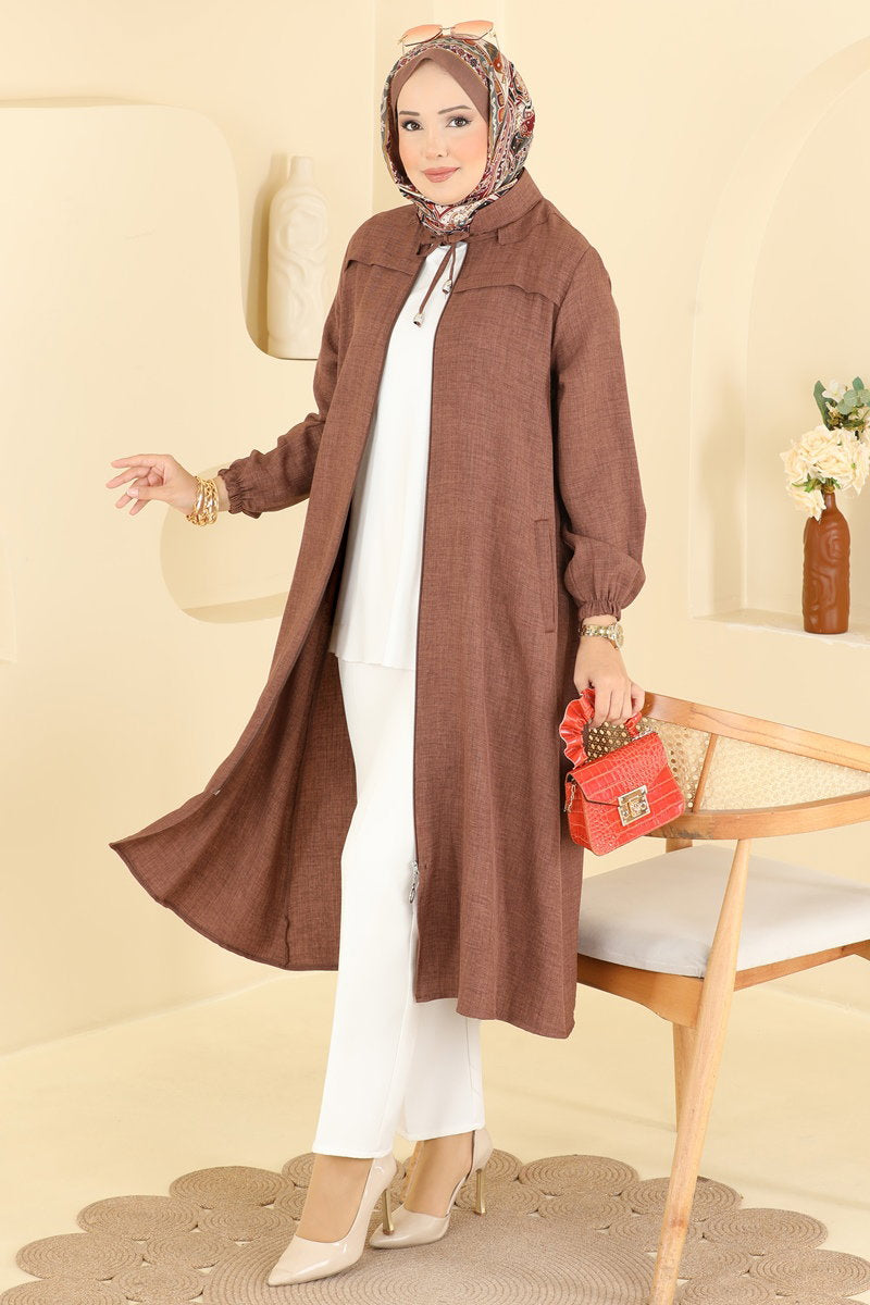 Linen Cape Coat with Tie Collar - Brown