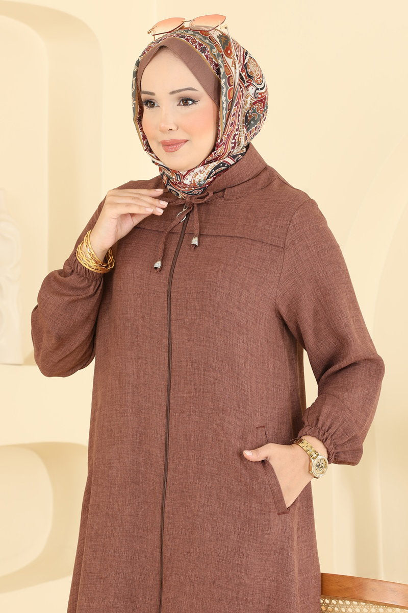 Linen Cape Coat with Tie Collar - Brown