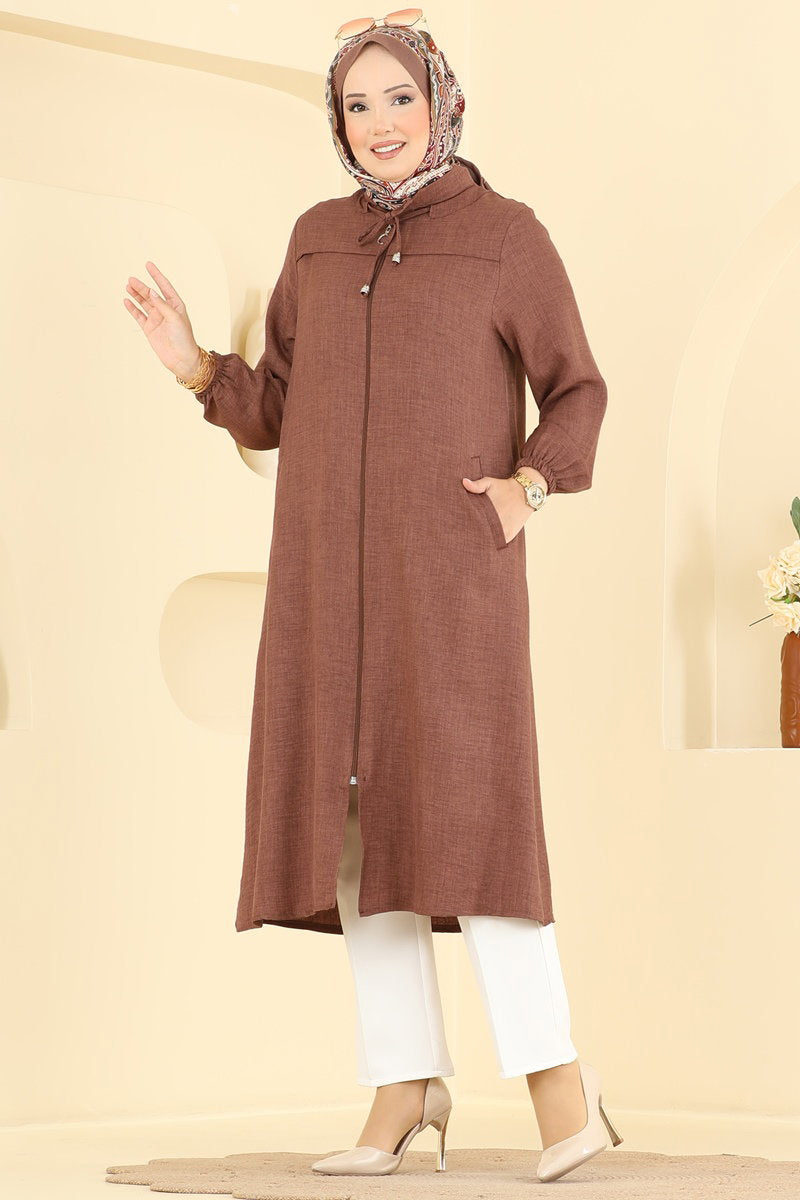 Linen Cape Coat with Tie Collar - Brown