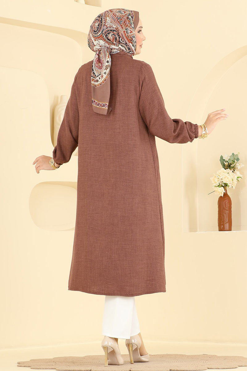 Linen Cape Coat with Tie Collar - Brown