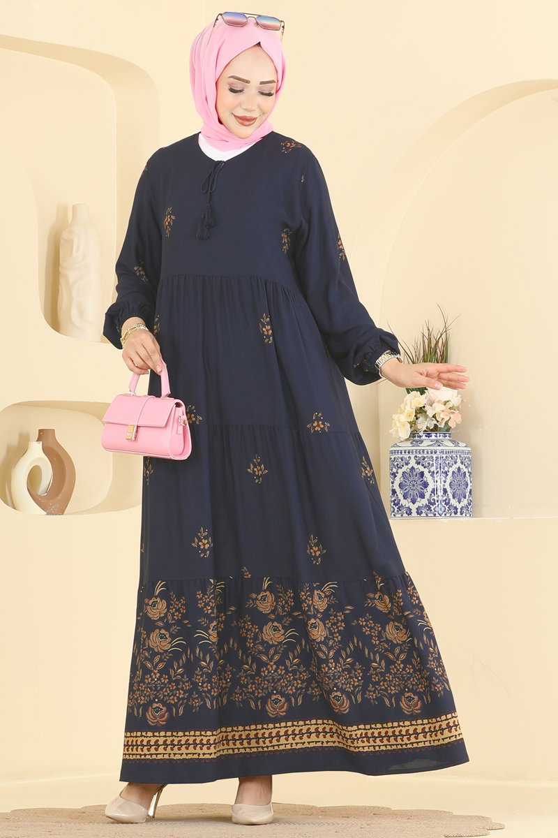 Floral Woven Dress with Tie Neck - Navy