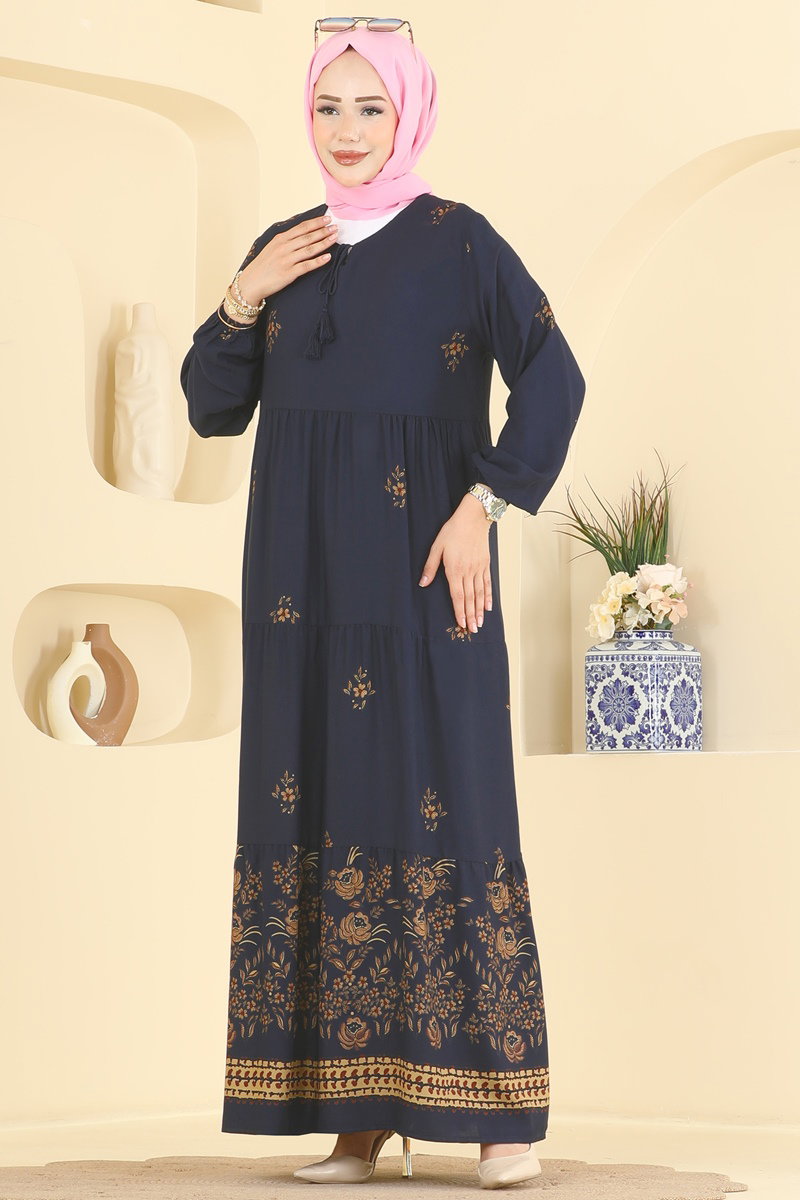 Floral Woven Dress with Tie Neck - Navy