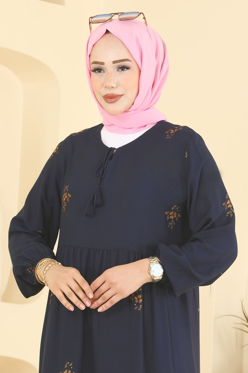 Floral Woven Dress with Tie Neck - Navy