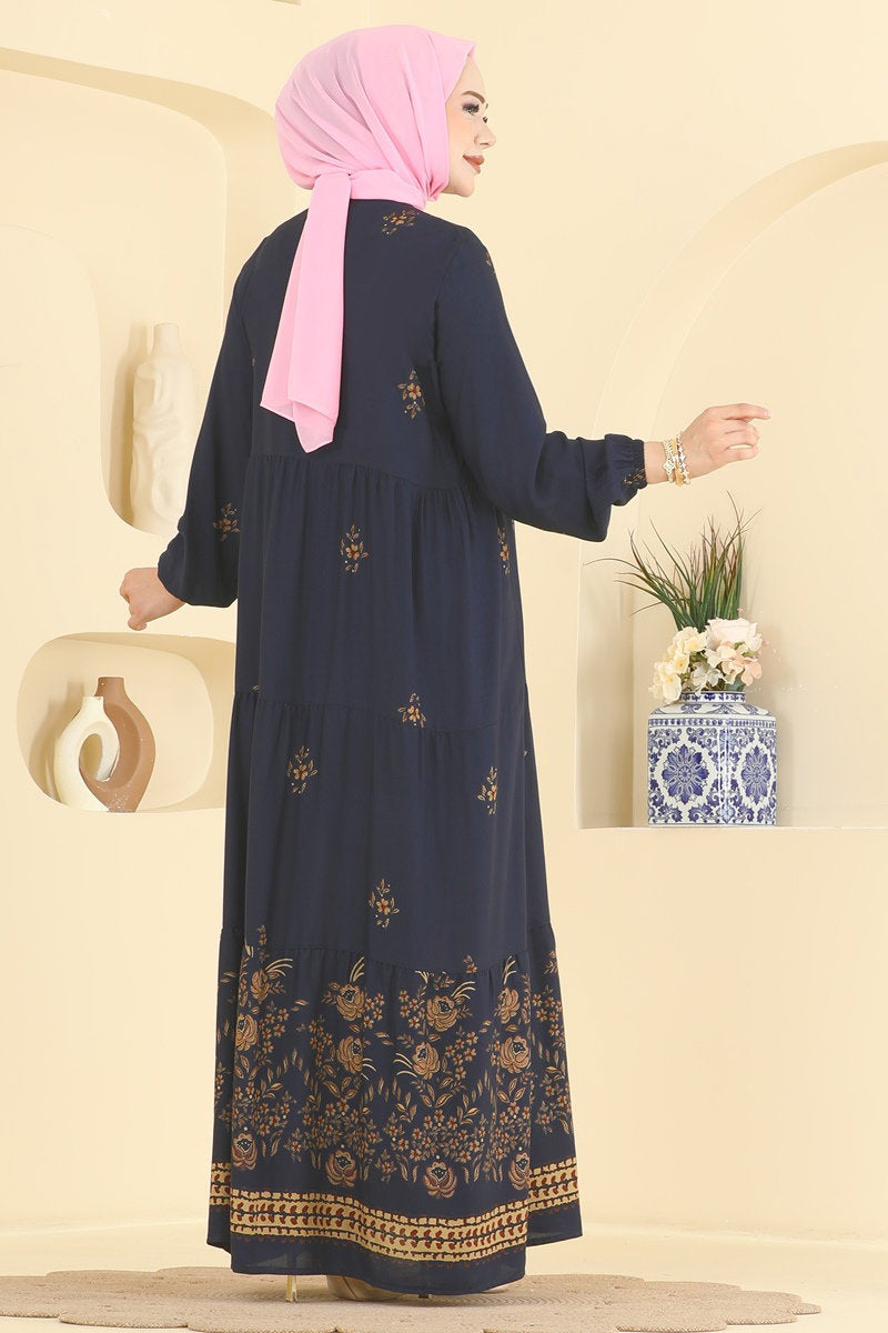 Floral Woven Dress with Tie Neck - Navy