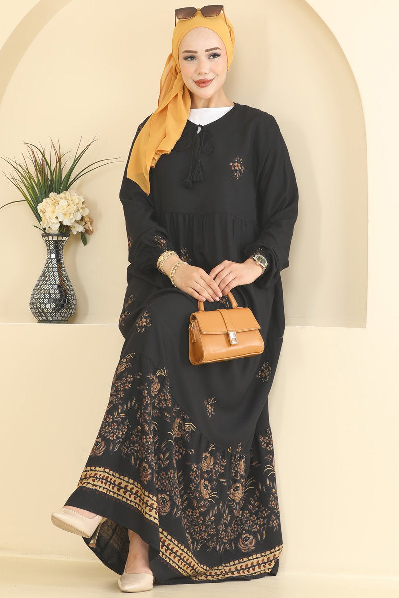 Floral Woven Dress with Tie Neck - Black