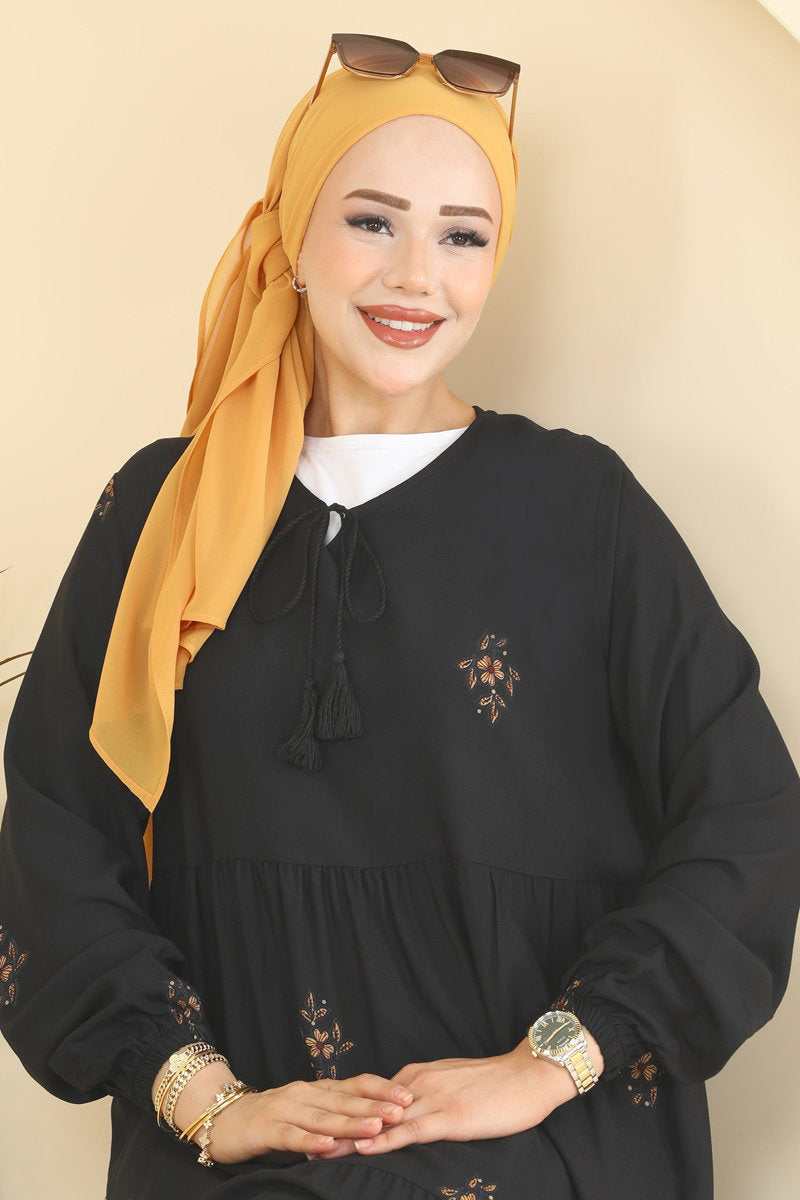 Floral Woven Dress with Tie Neck - Black
