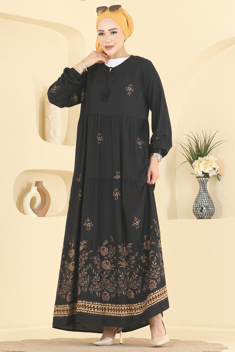 Floral Woven Dress with Tie Neck - Black