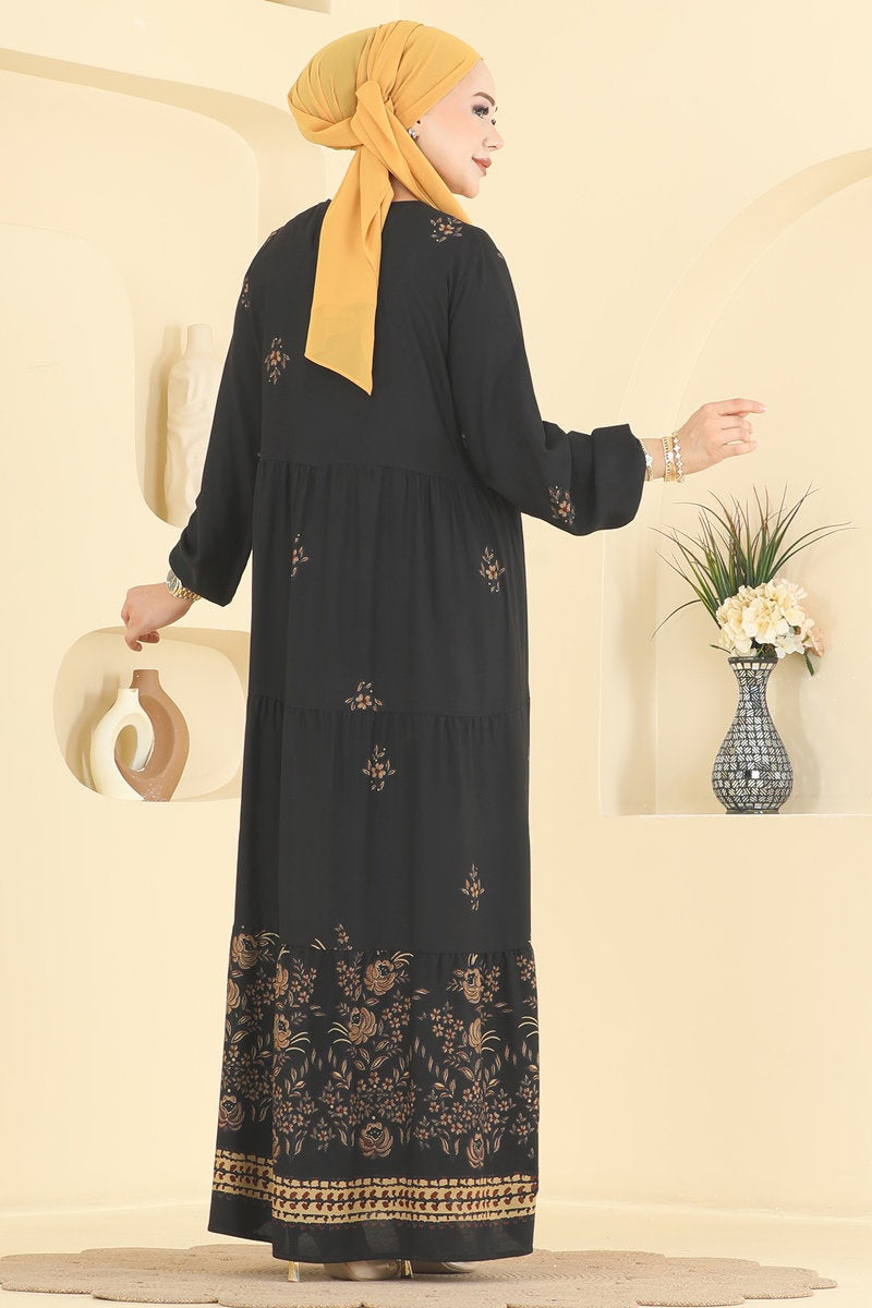 Floral Woven Dress with Tie Neck - Black