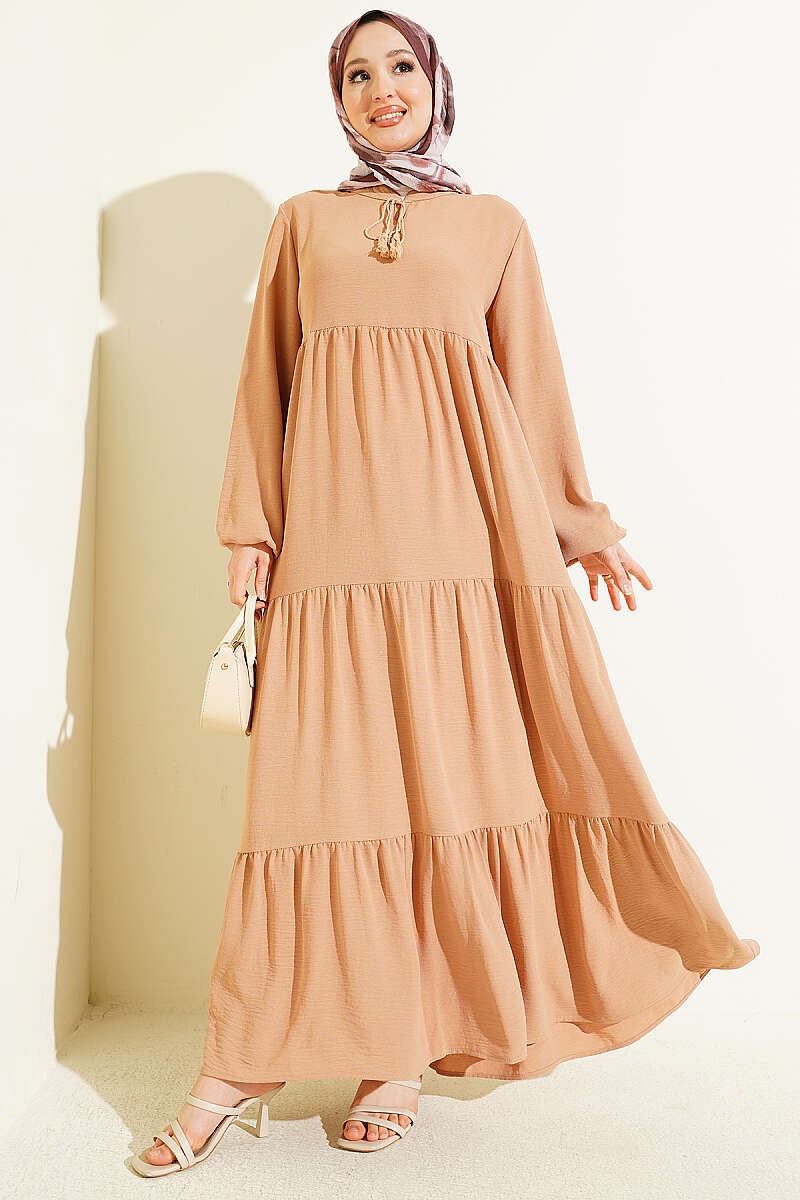 Tiered Dress with Lace-Up Collar - Camel