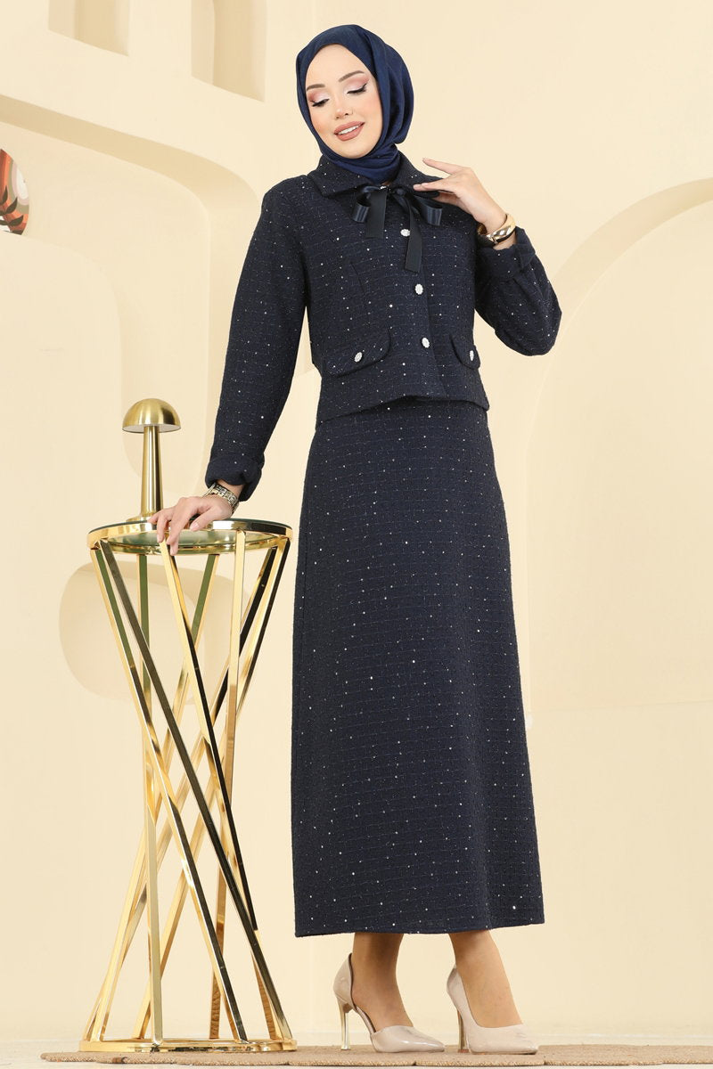 Tweed Set with Tie Collar - Navy