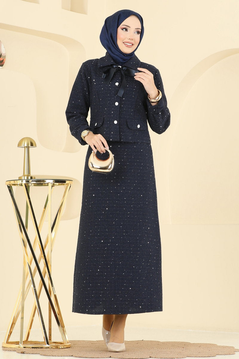 Tweed Set with Tie Collar - Navy