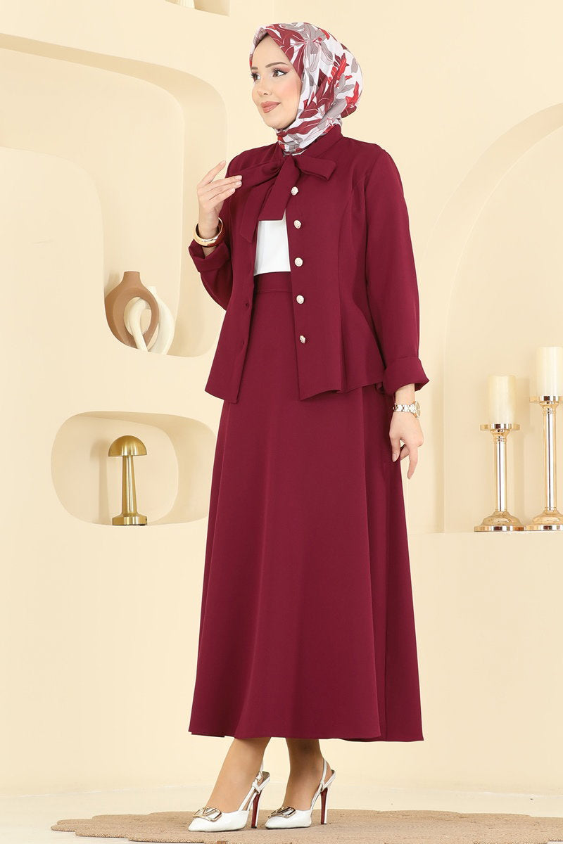 Double Knit Set with Tie Collar - Burgundy