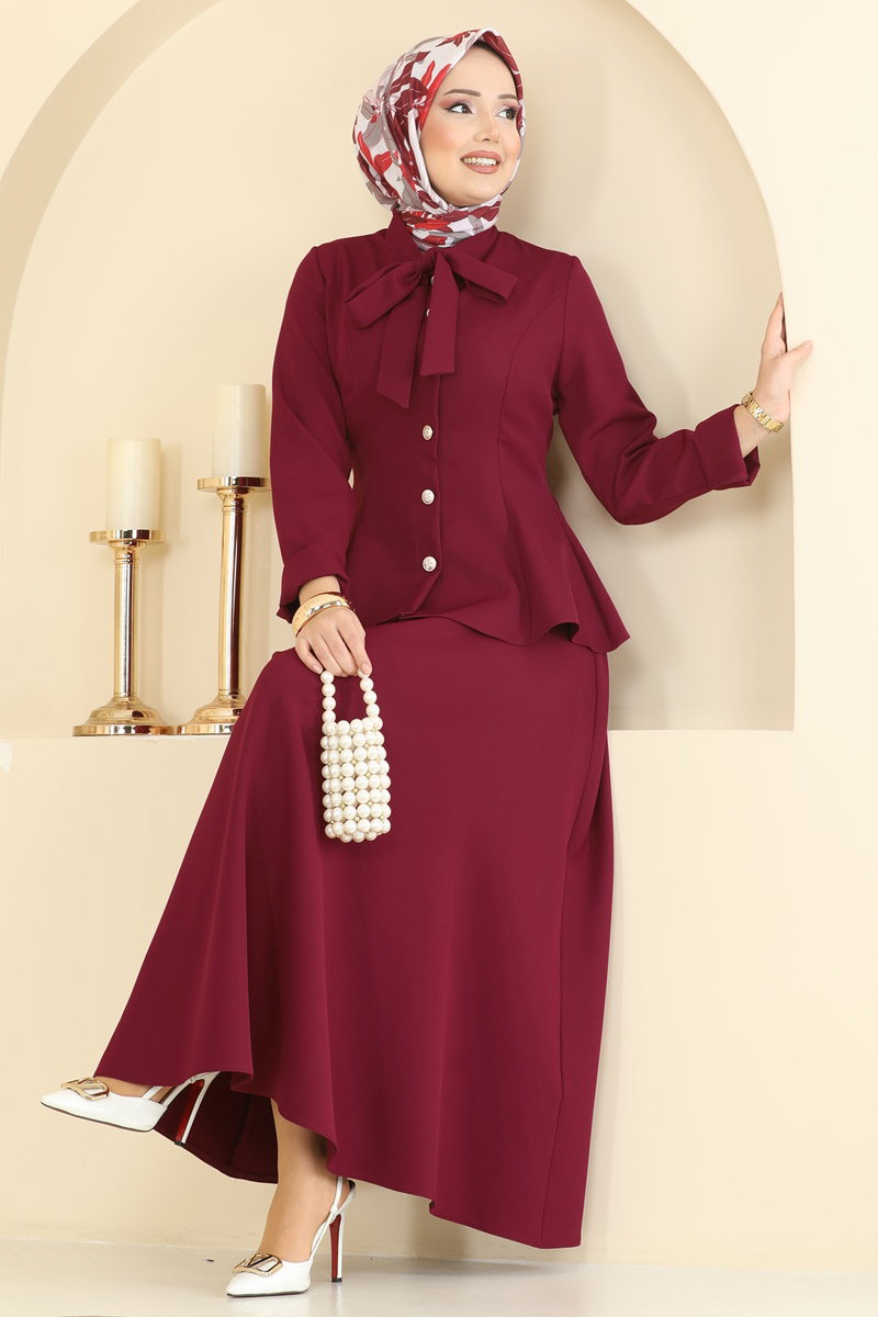 Double Knit Set with Tie Collar - Burgundy