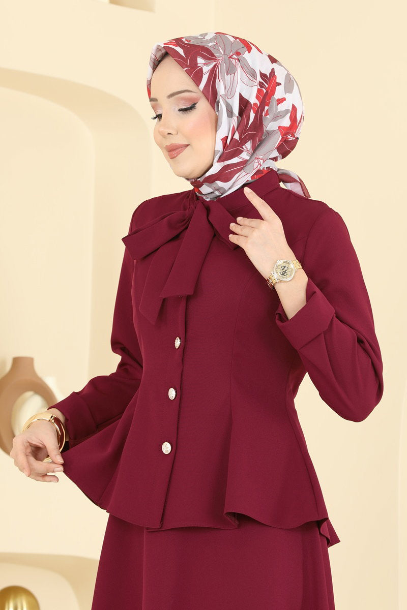 Double Knit Set with Tie Collar - Burgundy