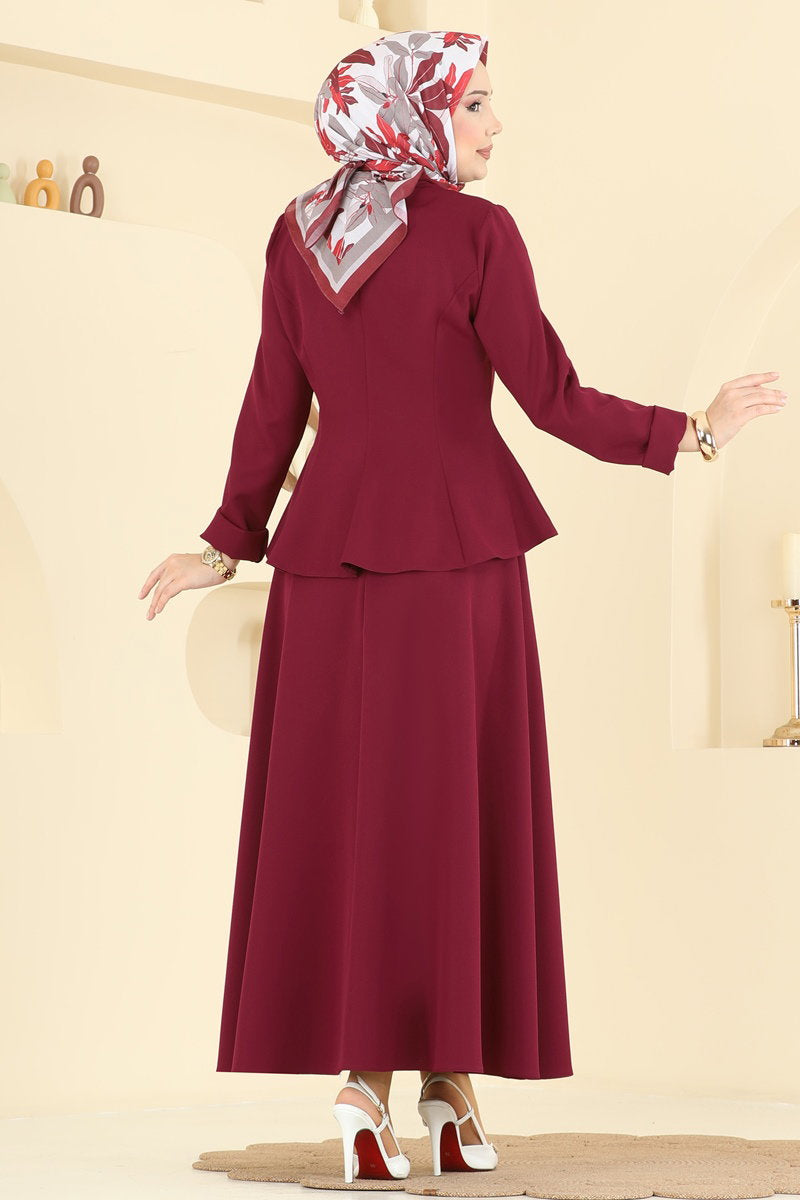 Double Knit Set with Tie Collar - Burgundy