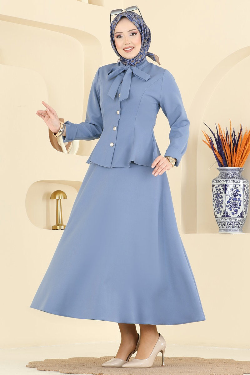 Double Knit Set with Tie Collar - Blue