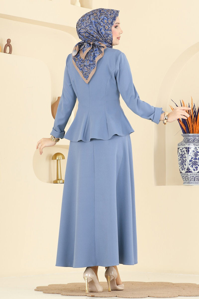 Double Knit Set with Tie Collar - Blue