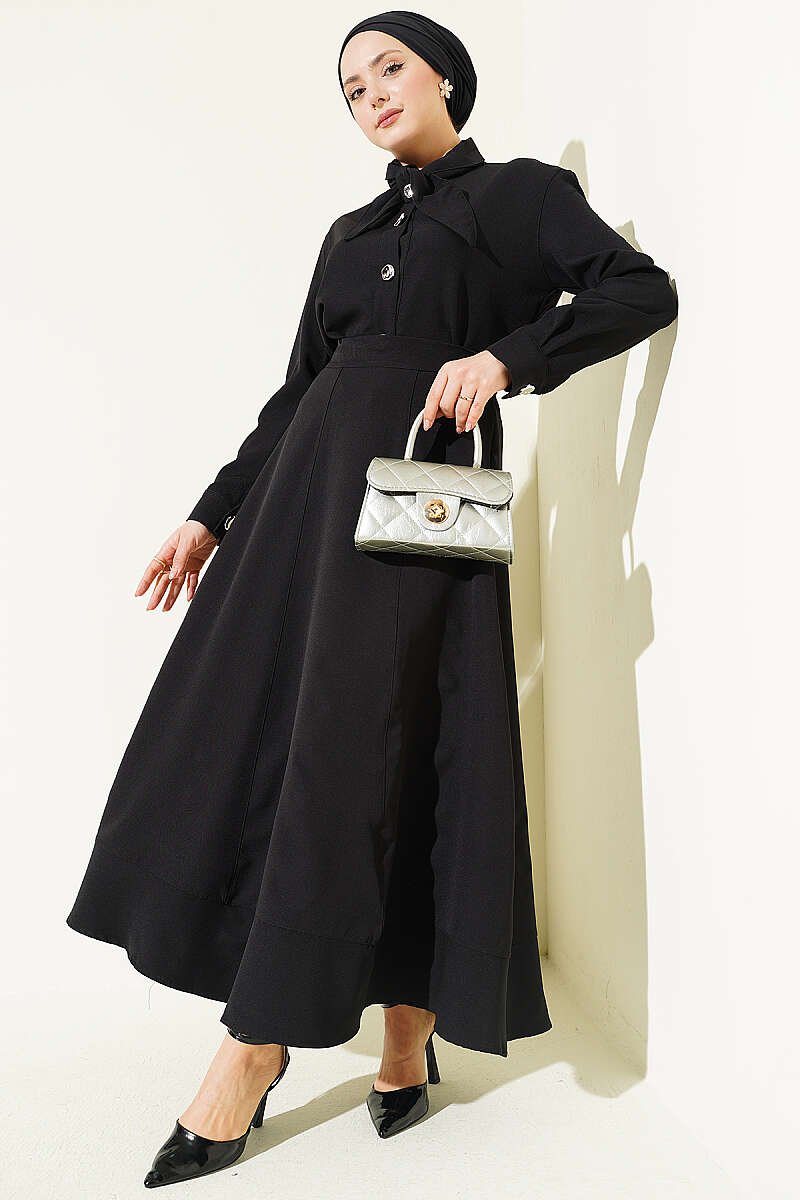 Tie-Collar Skirt Two-Piece Set - Black