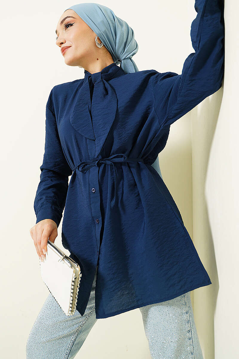 Loose Shirt with Tie Collar - Navy