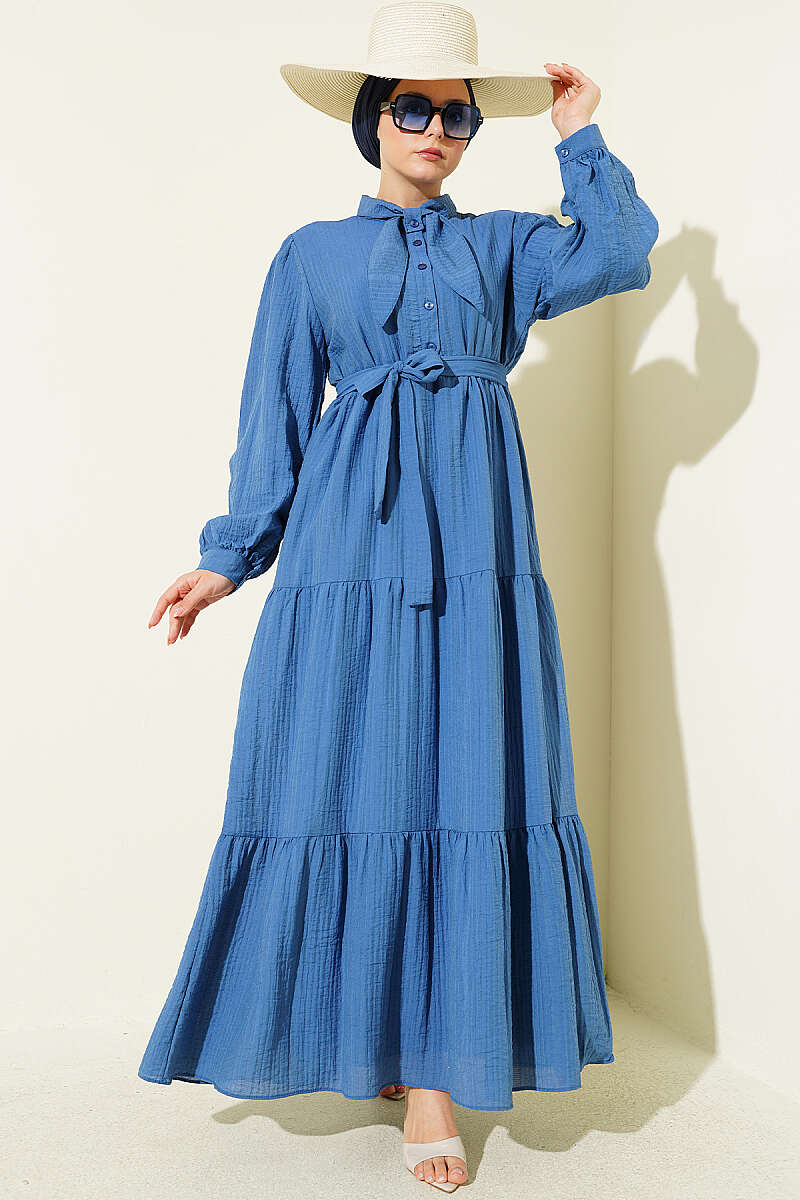 Half-Button Dress with Tie Collar - Blue