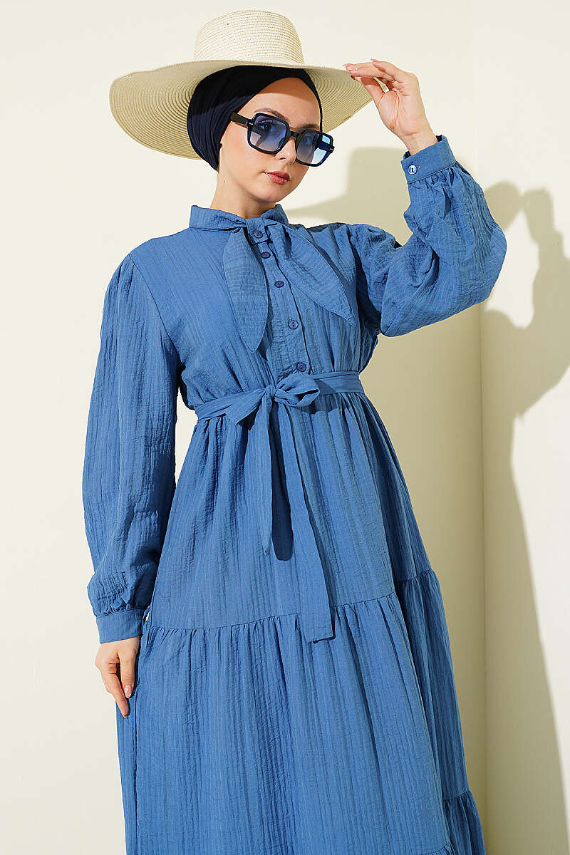 Half-Button Dress with Tie Collar - Blue