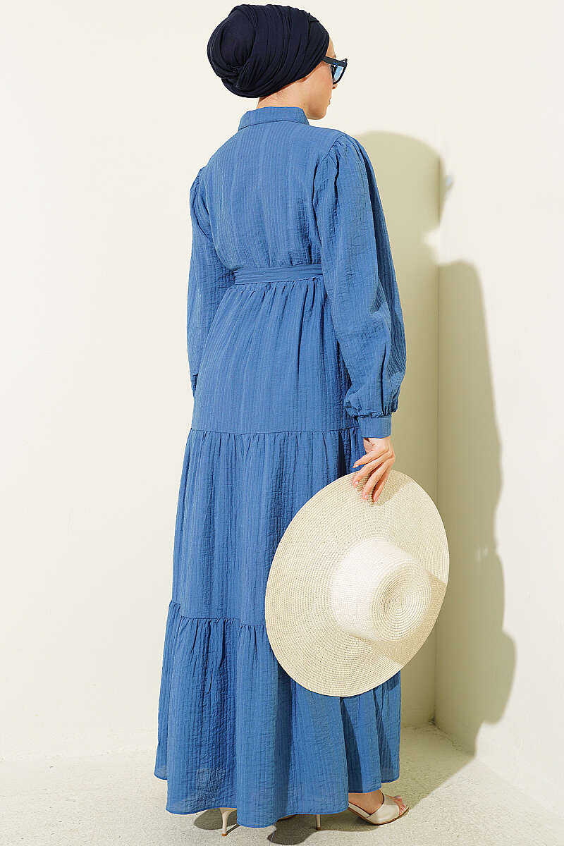 Half-Button Dress with Tie Collar - Blue