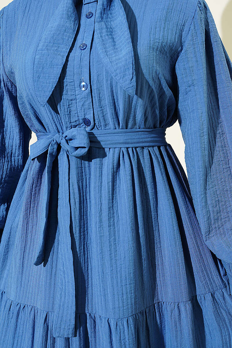 Half-Button Dress with Tie Collar - Blue