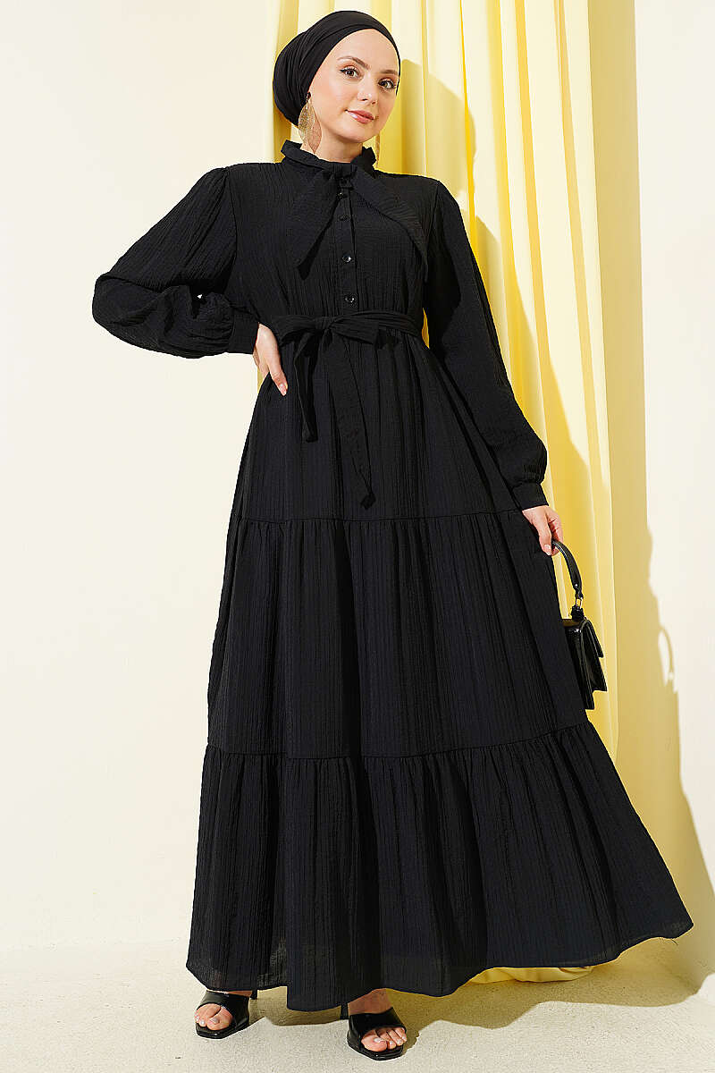 Half-Button Dress with Tie Collar - Black