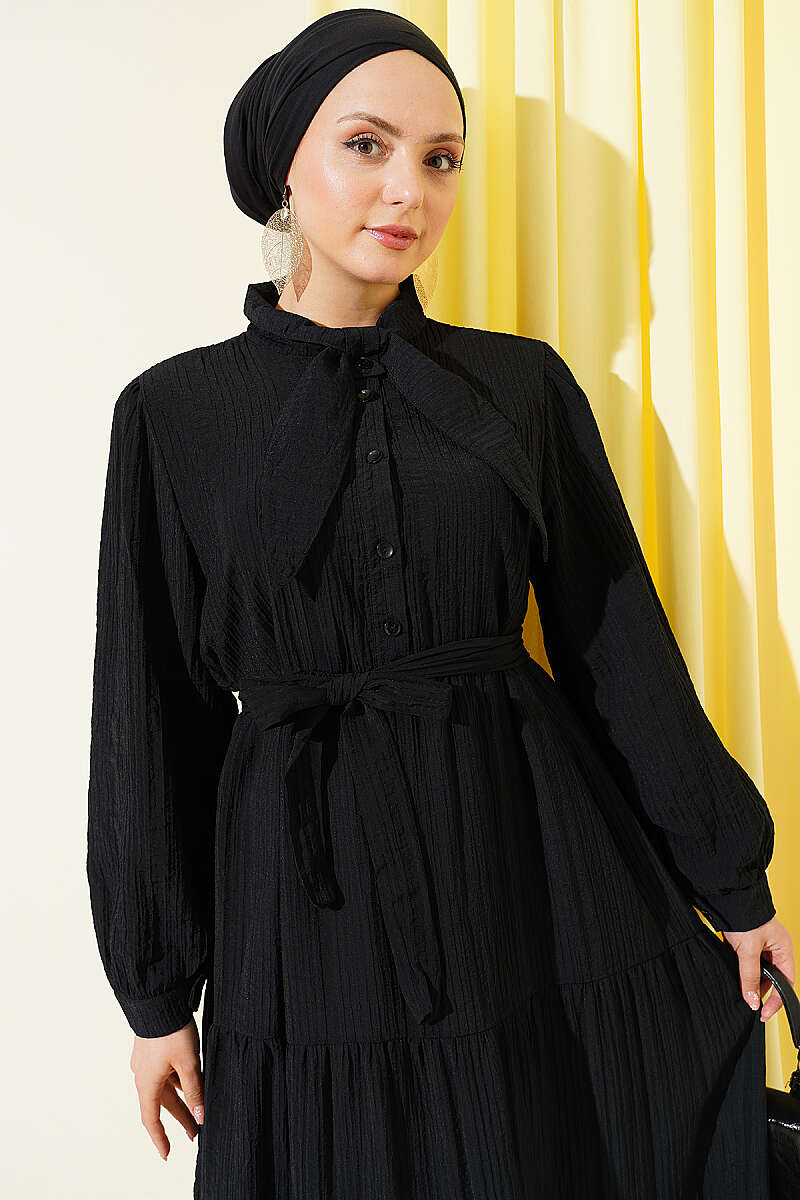 Half-Button Dress with Tie Collar - Black